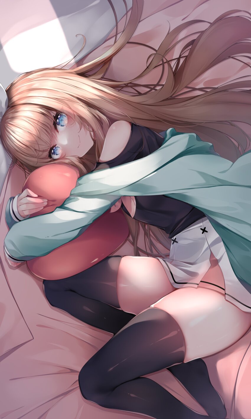 1girl absurdres aqua_jacket bed bed_sheet black_shirt black_thighhighs blue_eyes blush bow bow_hairband brown_hair closed_mouth clothing_cutout commentary eyes_visible_through_hair floating_hair from_above hair_bow hairband heart heart-shaped_pillow highres hugging_object indie_virtual_youtuber jacket kana616 light long_hair long_sleeves looking_at_viewer lying multicolored_skirt neckerchief no_shoes off_shoulder on_bed on_side pillow pink_neckerchief pink_skirt pleated_skirt shadow shirt shoulder_cutout skindentation skirt smile solo spanish_commentary sparkling_eyes star_(symbol) thighhighs thighs very_long_hair virtual_youtuber white_bow white_skirt yuniepix_(vtuber)