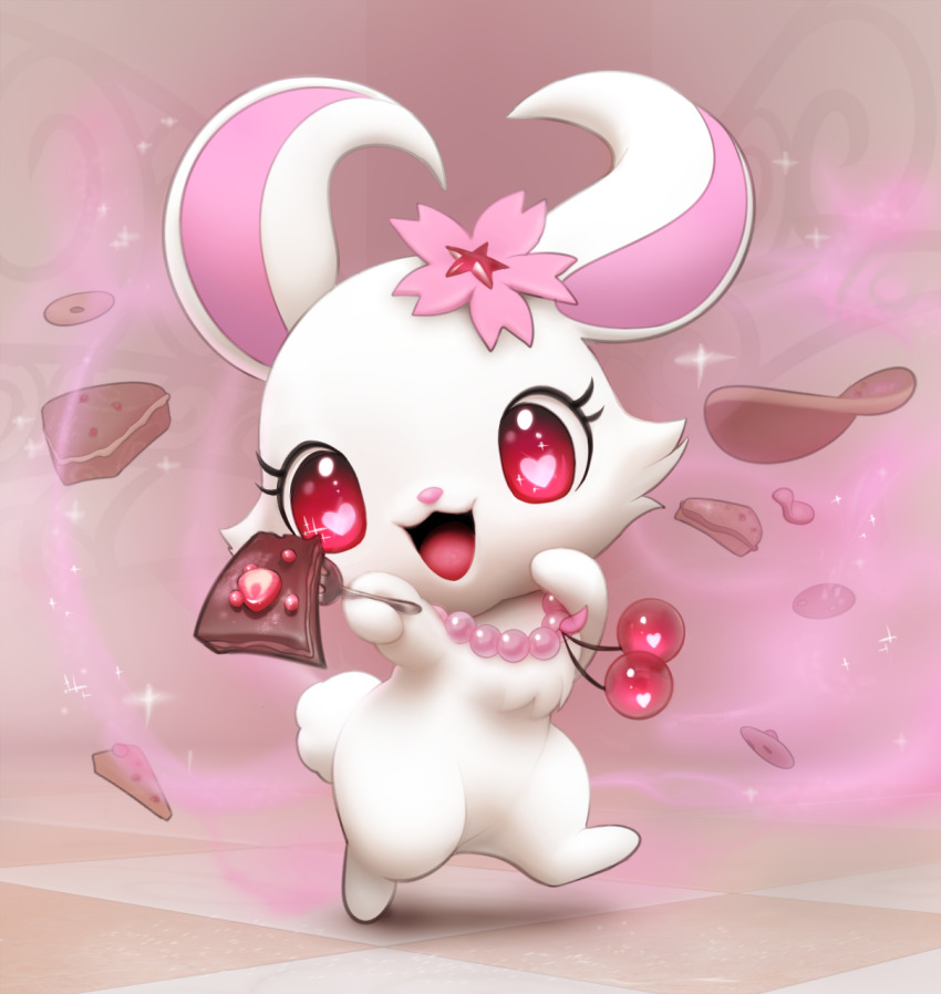 :3 animal_focus arms_up cake cake_slice checkered_floor cherry floating floating_object flower food food_bite fork fruit full_body hair_flower hair_ornament happy heart heart-shaped_pupils highres holding holding_food holding_fork indoors inkune jewelpet_(series) jewelry leg_up necklace no_humans open_mouth outstretched_arm pancake pink_flower red_eyes ruby_(jewelpet) smile solo sparkle standing standing_on_one_leg strawberry symbol-shaped_pupils