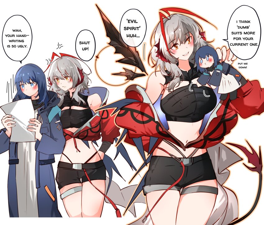 2girls :d :t arknights arya_melati bare_shoulders black_shirt black_shorts blue_coat blue_eyes blue_hair blush breasts coat cowboy_shot crop_top doctor_(arknights) female_doctor_(arknights) grey_hair highres holding jacket large_breasts long_hair long_sleeves midriff multiple_girls multiple_views navel off_shoulder open_clothes open_coat open_mouth red_jacket shirt short_shorts shorts simple_background smile speech_bubble standing stomach thigh_strap thighs w_(arknights) white_background wis&#039;adel_(arknights)