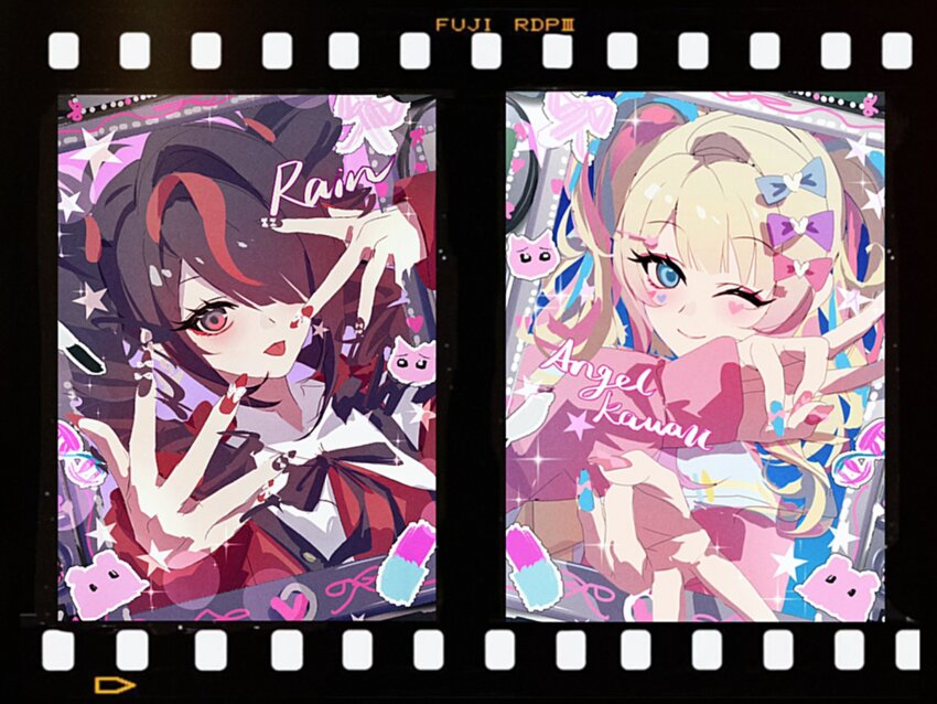 2girls ame-chan_(needy_girl_overdose) black_hair black_nails black_ribbon blonde_hair blue_eyes blue_nails chouzetsusaikawa_tenshi-chan commentary facial_mark film_strip hair_over_one_eye hashtag-only_commentary heart heart_facial_mark highres jacket junpaku_karen multiple_girls nail_polish neck_ribbon needy_girl_overdose one_eye_closed open_mouth pien_cat_(needy_girl_overdose) pink_hair pink_nails pink_sweater red_eyes red_jacket red_nails ribbon sweater twintails v