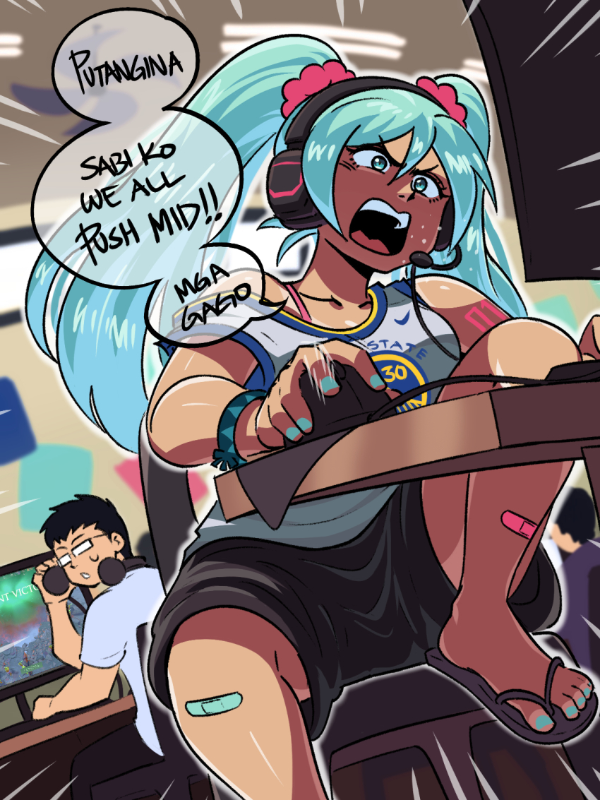 1girl armband bandages dota_(series) dota_2 flip-flops hatsune_miku headset highres motion_lines playing_games profanity sandals shorts shouting sitting tagalog_text tank_top tina_fate translation_request twintails worldwide_miku
