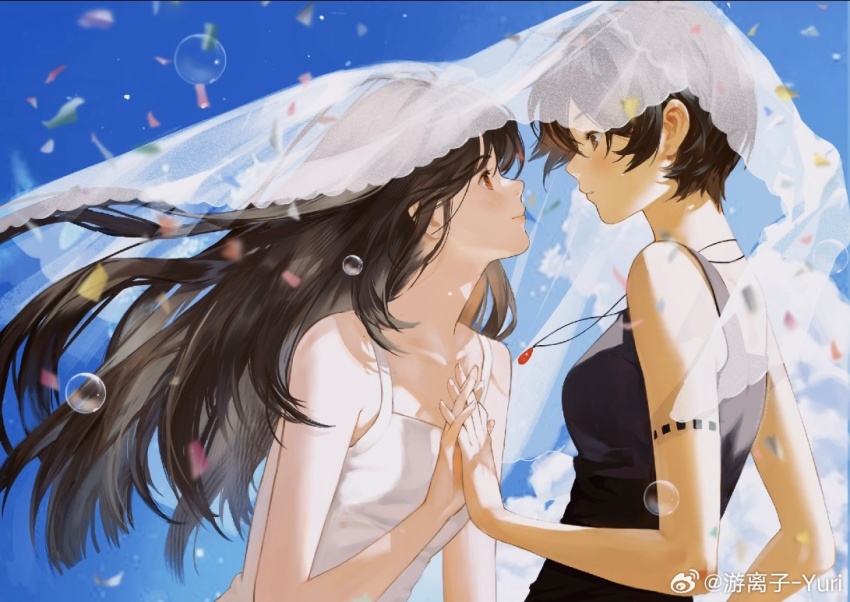 2girls arm_tattoo bare_arms bare_shoulders black_tank_top blue_sky brown_eyes brown_hair bubble chinese_commentary cloud collarbone commentary_request confetti couple day eye_contact fingernails floating_hair floating_neckwear happy holding_hands interlocked_fingers light_blush light_particles lips long_hair looking_at_another multiple_girls orange_eyes original outdoors pale_skin pink_lips see-through_clothes see-through_veil shared_veil short_hair sky tank_top tattoo upper_body veil watermark weibo_watermark white_tank_top white_veil youlizi-yuri yuri