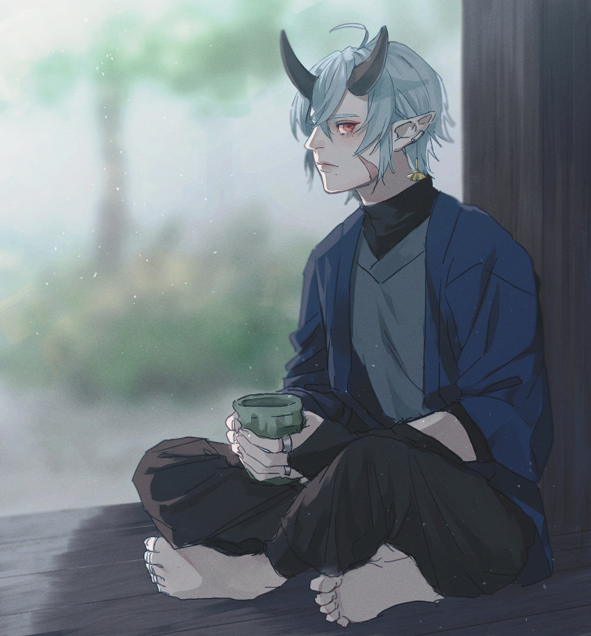 1boy ahoge barefoot black_horns black_shirt blue_jacket commission cup earrings facial_scar grey_hair grey_sweater highres holding holding_cup horns jacket jewelry kurosujuu light_particles male_focus original outdoors pointy_ears red_eyes ring scar scar_on_cheek scar_on_face shirt short_hair skeb_commission solo sweater