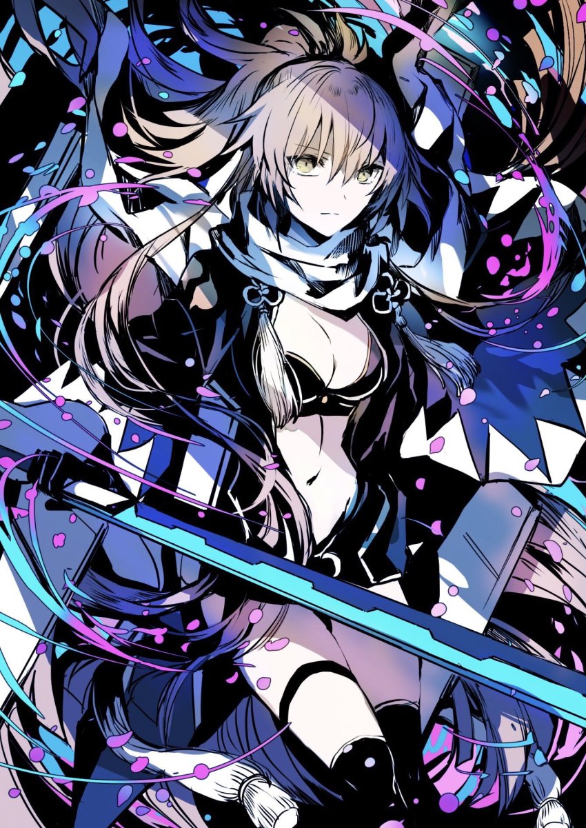 1girl bikini bikini_day bikini_top_only black_jacket black_legwear blonde_hair boots breasts cleavage fate/grand_order fate_(series) highres holding holding_sword holding_weapon jacket katana knee_boots large_breasts long_hair navel okita_j._souji_(fate) okita_j._souji_(second_ascension)_(fate) okita_souji_(fate) okita_souji_(koha-ace) open_clothes open_jacket ponytail rioka_(southern_blue_sky) solo swimsuit sword thigh_strap weapon wide_sleeves yellow_eyes