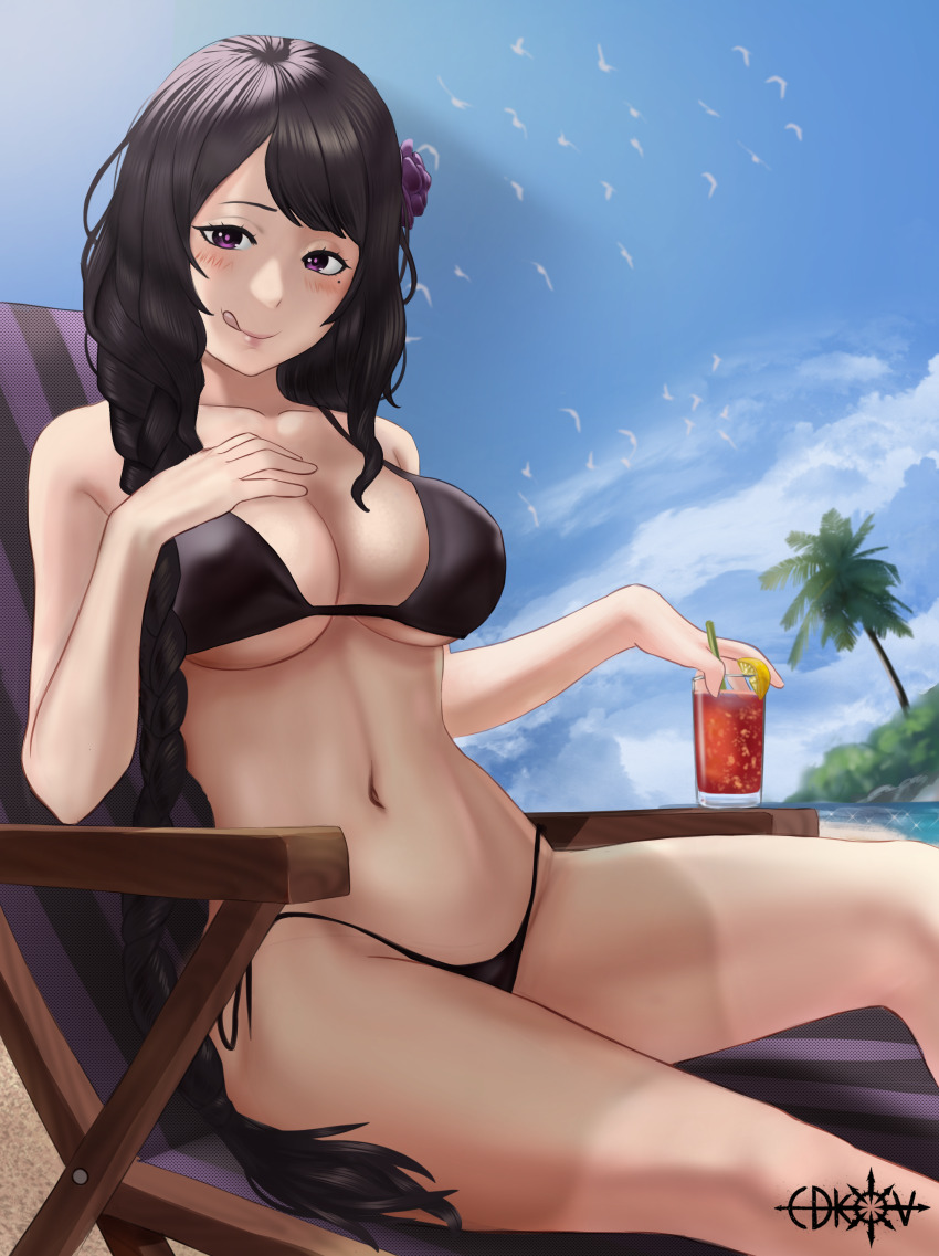 1girl artist_name beach bikini black_bikini black_hair blue_sky blush braid braided_ponytail breasts closed_mouth cloud collarbone day dot_nose edkov elsa_granhilte eyebrows eyelashes feet_out_of_frame female_focus flower from_behind hair_flower hair_ornament large_breasts licking_lips long_hair looking_at_viewer mole mole_under_eye naughty_face navel outdoors purple_flower purple_rose re:zero_kara_hajimeru_isekai_seikatsu rose sand side-tie_bikini_bottom sitting sky smile solo swimsuit tongue tongue_out very_long_hair
