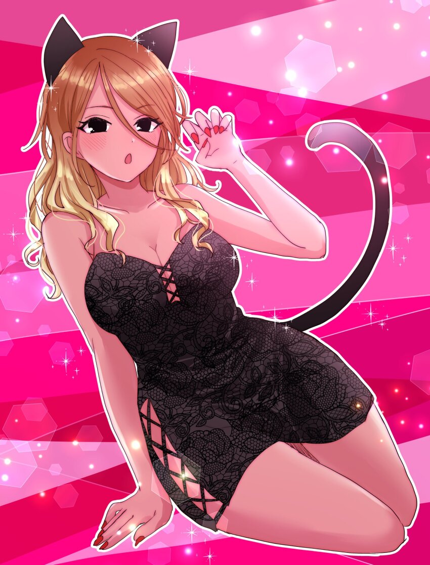 1girl animal_ears arm_support bare_shoulders black_dress black_eyes blonde_hair blush breasts brown_hair cat_ears cat_tail cleavage collarbone dark-skinned_female dark_skin dot_nose dress fake_animal_ears fake_tail floral_print_dress gradient_hair gyaru hanasaki_rine hand_up heavy_lens_flare highres idolmaster idolmaster_shiny_colors izumi_mei kneeling large_breasts lens_flare light_particles long_hair looking_at_viewer miniskirt multicolored_hair nail_polish onee_gyaru open_mouth paw_pose pencil_skirt pink_background print_dress red_background red_nails side_slit skirt solo sparkle strapless strapless_dress tail two-tone_background