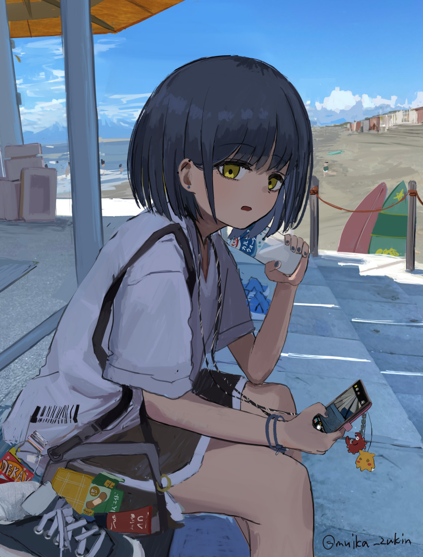 1girl absurdres bag beach black_shorts blue_hair blue_nails blue_sky bottle bracelet cellphone_charm charm_(object) day dolphin_shorts feet_out_of_frame from_side gen_1_pokemon highres holding holding_bottle holding_phone jewelry leaning_forward nintendo ocean open_mouth original outdoors phone pikachu pocari_sweat pokemon scenery shade shirt shoes short_hair short_sleeves shorts shoulder_bag sitting sky slice_of_life solo summer surfboard t-shirt unworn_shoe wanigumo white_shirt yellow_eyes