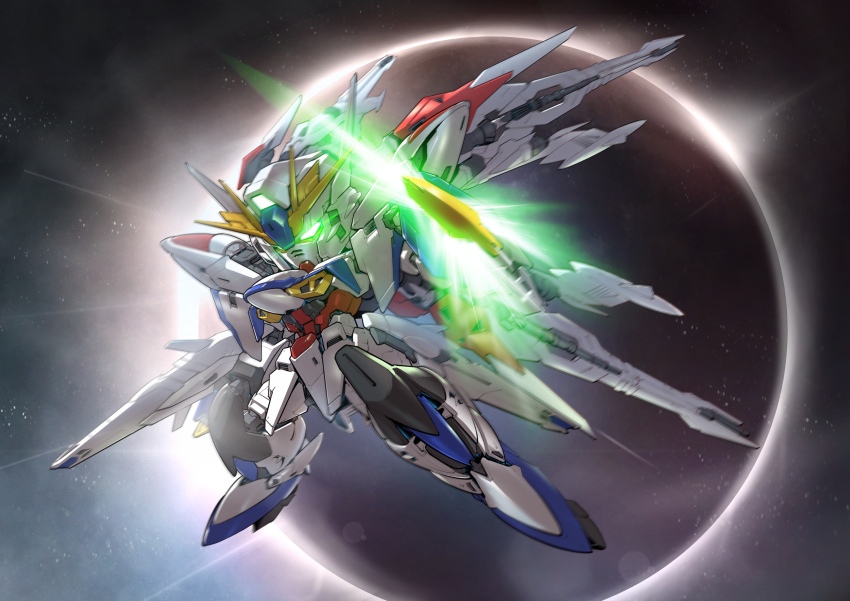 absurdres arm_shield chibi eclipse eclipse_gundam glowing glowing_eyes green_eyes gun gundam gundam_seed gundam_seed_eclipse highres holding holding_gun holding_weapon making-of_available mecha mobile_suit no_humans robot science_fiction sd_gundam solar_eclipse solo space star_(sky) v-fin weapon zakuma