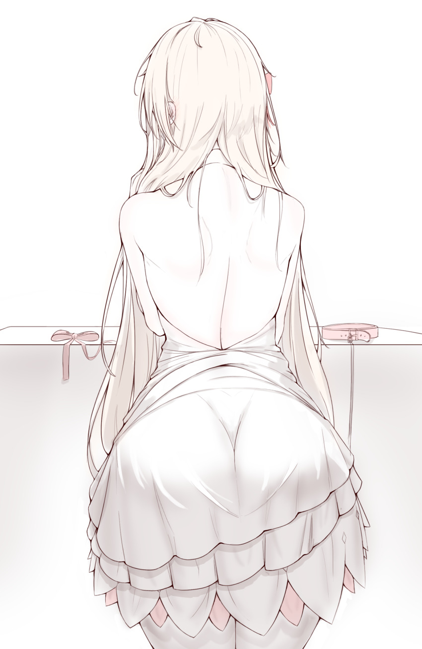 1girl absurdres ass backless_dress backless_outfit belt_collar blonde_hair blush bow carlota collar commentary_request counter:side dress ear_blush from_behind hair_bow highres korean_commentary layered_dress leaning_forward lilac_(k32420276) long_hair neck_ribbon_removed pale_color pantyhose shoulder_blades solo standing unworn_collar very_long_hair white_background white_dress white_pantyhose