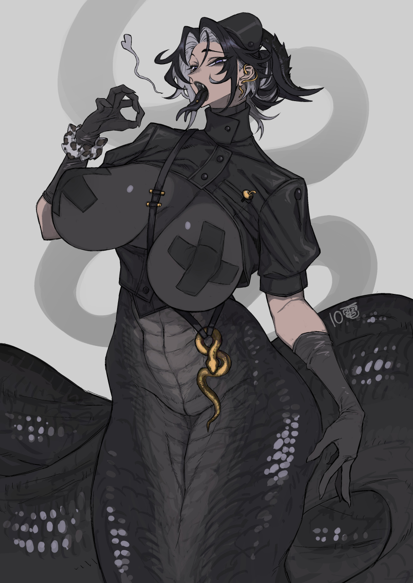 10den 1girl absurdres between_breasts black_hair black_horns black_tongue bodystocking breasts earrings forked_tongue grey_hair hat highres horns huge_breasts jewelry lamia monster_girl multicolored_hair nurse_cap open_mouth original purple_eyes short_hair slit_pupils snake_earrings strap tongue two-tone_hair