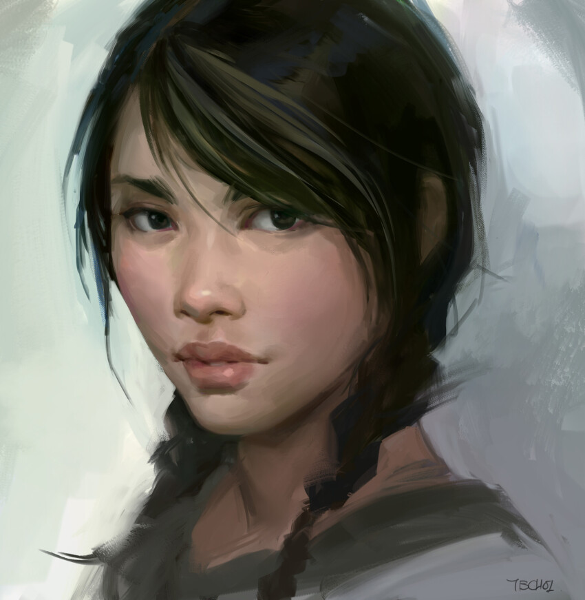 black_eyes black_hair braid cropped_torso dokkaebi_(rainbow_six_siege) highres multicolored_hair non-web_source rainbow_six_siege realistic streaked_hair tb_choi12 twin_braids two-tone_hair upper_body