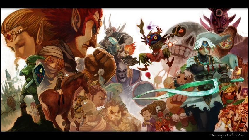 6+boys 6+girls :3 =_= androgynous armor beard bird blonde_hair blue_eyes bow_(weapon) brown_hair castle cremia d: darunia deku_scrub epic epona everyone facial_hair fairy fierce_deity fiery_hair four_giants ganondorf giant goron green_hair grin hairband happy_mask_salesman hat highres holding holding_sword holding_weapon horse hylian_shield impa kaepora_gaebora kafei kotake_(zelda) koume_(zelda) lack link long_hair majora&#039;s_wrath majora_(entity) malon mario mario_(series) mask moon moon_(zelda) multiple_boys multiple_girls multiple_persona nabooru navi nintendo open_mouth owl phantom_ganon pointy_ears possessed possession princess_ruto princess_zelda purple_hair rauru_(ocarina_of_time) red_eyes red_hair reverse_trap romani_(zelda) saria_(zelda) sheik shield shield_on_back silver_hair skeleton skull_kid smile stalfos sword talon_(zelda) the_legend_of_zelda the_legend_of_zelda:_majora&#039;s_mask the_legend_of_zelda:_ocarina_of_time tiara tingle town twinrova weapon young_link zora