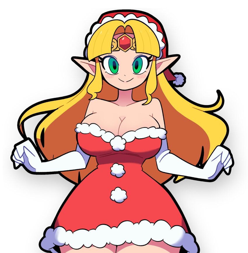 1girl bare_shoulders black_outline breasts cleavage closed_mouth dress elbow_gloves fur-trimmed_dress fur_trim gloves green_eyes highres large_breasts long_hair nintendo outline pointy_ears princess_zelda red_dress scott_falco simple_background smile solo split_mouth the_legend_of_zelda white_gloves