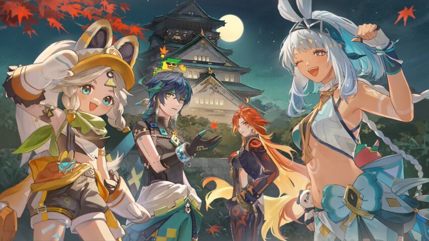 1boy 3girls aji_11300913 aqua_pants architecture bare_shoulders biker_clothes bikesuit black_bodysuit black_shirt blue_eyes blue_hair blue_hairband body_markings bodysuit braid chinchilla_ears chinchilla_girl commentary_request cosplay earrings east_asian_architecture fur-lined_gloves fur-trimmed_mittens fur_trim genshin_impact green_eyes green_hair green_headband hairband hawaiian_clothes headband kachina_(genshin_impact) kinich_(genshin_impact) kinich_(genshin_impact)_(cosplay) leaf light_blue_hair long_hair looking_at_viewer low_twin_braids mavuika_(genshin_impact) mittens moon mualani_(genshin_impact) multicolored_hair multiple_girls night night_sky one_eye_closed open_mouth orange_eyes orange_hair orange_mittens orange_pupils orange_visor outdoors pants ponytail red_eyes shirt shorts sidelocks sky spiked_ear_piercing streaked_hair sun_earrings tan tree twin_braids very_long_hair visor_cap yellow_eyes