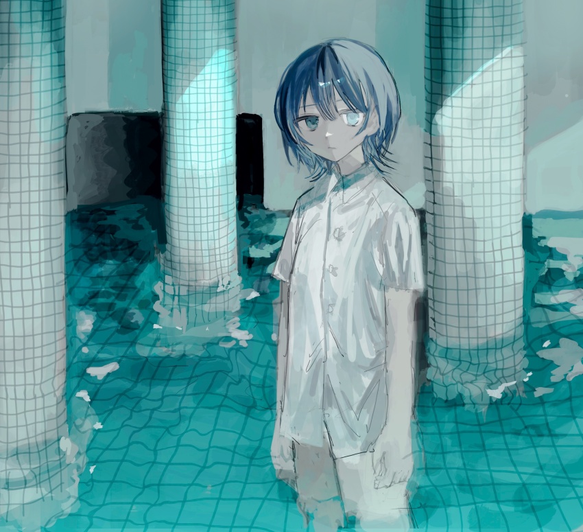 1boy blue_eyes blue_hair buttons closed_mouth colored_skin expressionless grey_skin highres indoors liminal_space looking_at_viewer male_focus oqo_808 original pants partially_submerged pillar pool shirt short_hair short_sleeves solo standing tile_floor tiles white_shirt