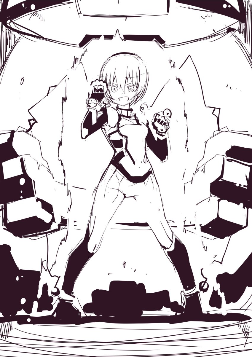 1girl absurdres amate_yuzuriha bodysuit breasts g_gundam gundam gundam_gquuuuuux haro highres looking_at_viewer mecha_pilot_suit mobile_trace_suit monochrome open_mouth science_fiction short_hair smile solo yoto_(rinlin2)
