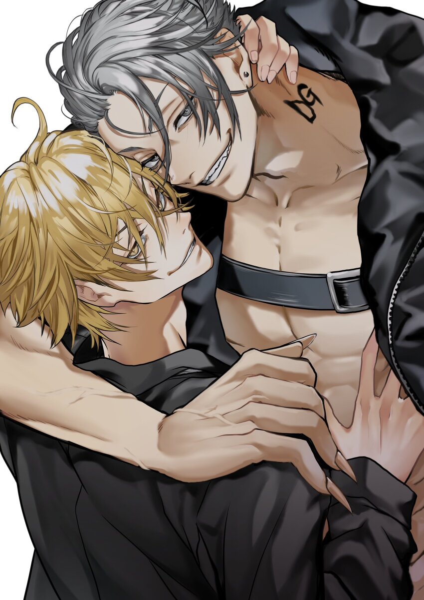 2boys ahoge bakshi_christensen black_jacket black_shirt blonde_hair chest_strap collarbone fingernails giancarlo_bourbon_del_monte grey_eyes grey_hair grin hair_between_eyes hand_on_another&#039;s_neck hand_on_another&#039;s_stomach highres jacket long_sleeves looking_at_viewer lucky_dog_1 male_focus miyamoyan multiple_boys open_clothes open_jacket pectoral_cleavage pectorals sharp_fingernails shirt short_hair simple_background smile teeth toned toned_male white_background yaoi yellow_eyes