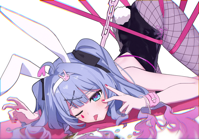 1girl ahoge animal_ears ass back black_leotard black_ribbon blue_eyes blue_hair blunt_bangs blush chain chinese_commentary commentary_request crying crying_with_eyes_open double_v dutch_angle fake_animal_ears fake_tail feet_out_of_frame fishnet_pantyhose fishnets furrowed_brow hair_ornament hair_ribbon hair_spread_out hairband hatsune_miku heart heart-shaped_pupils heart_ahoge highleg highleg_leotard highres leotard long_hair long_ribbon looking_at_viewer nail_polish pantyhose pink_nails pink_ribbon playboy_bunny rabbit_ears rabbit_hair_ornament rabbit_hole_(vocaloid) rabbit_tail restrained ribbon simple_background single_handcuff solo streaming_tears symbol-shaped_pupils tail tears thighs tongue tongue_out top-down_bottom-up traum v vocaloid white_background white_hairband x_hair_ornament