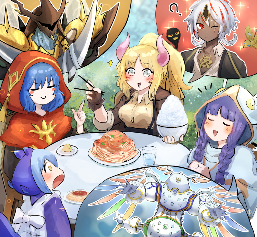 4girls absurdres albaz_(yu-gi-oh!) blonde_hair blue_hair bowl braid breasts cheese chopsticks closed_eyes commission diviner_of_the_herald dragon_girl duel_monster ecclesia_(yu-gi-oh!) fallen_of_albaz food grey_eyes hatano_kiyoshi herald_of_ultimateness highres holding holding_chopsticks hood horns incredible_ecclesia_the_virtuous large_breasts laundry_dragonmaid lo_the_prayers_of_the_voiceless_voice maid multiple_girls pasta plate ponytail red_hood rice rice_bowl side_braids skeb_commission skull_guardian_protector_of_the_voiceless_voice smile spaghetti speech_bubble surprised table tri-brigade_mercourier wa_maid white_hood yu-gi-oh!