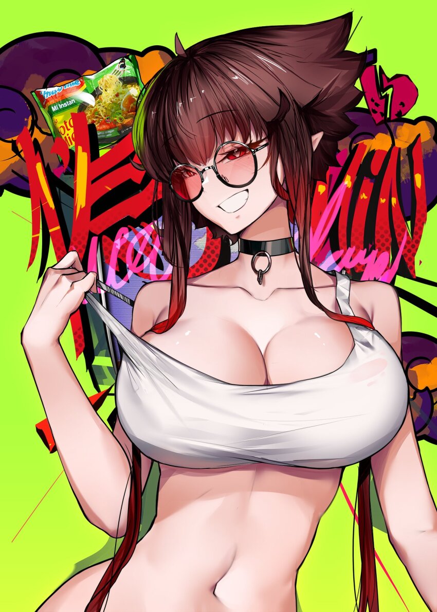 1girl bare_shoulders black_choker breasts brown_hair choker cleavage collarbone crop_top food glasses gradient_hair graffiti green_background grin highres indomie_(brand) large_breasts liz_(nin_fake) long_hair looking_at_viewer midriff multicolored_hair navel nin_fake original pointy_ears red-tinted_eyewear red_eyes red_hair round_eyewear short_hair_with_long_locks sidelocks smile solo sports_bra strap_pull sunglasses tank_top tinted_eyewear upper_body white_sports_bra white_tank_top