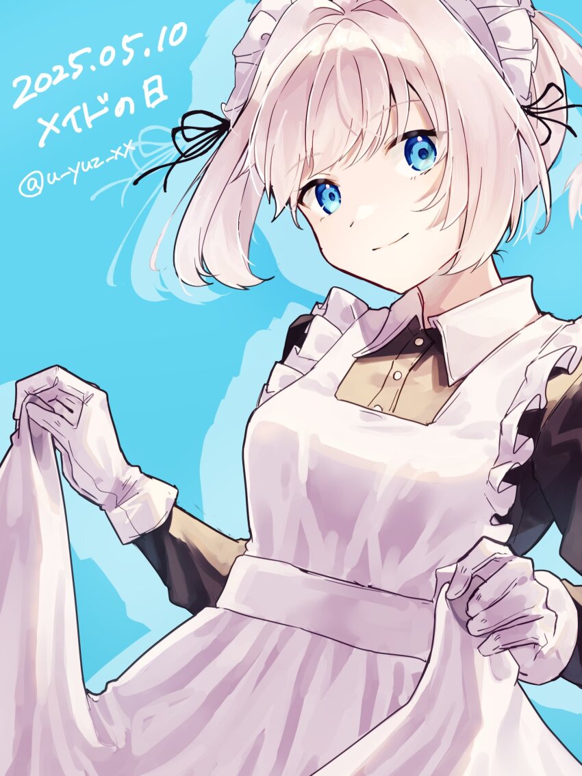 1girl alternate_costume blue_background blue_eyes check_commentary commentary_request enmaided gloves highres kantai_collection maid maid_day maid_headdress pink_hair shiranui_(kancolle) short_hair short_twintails skirt_hold smile solo twintails u_yuz_xx watermark white_gloves