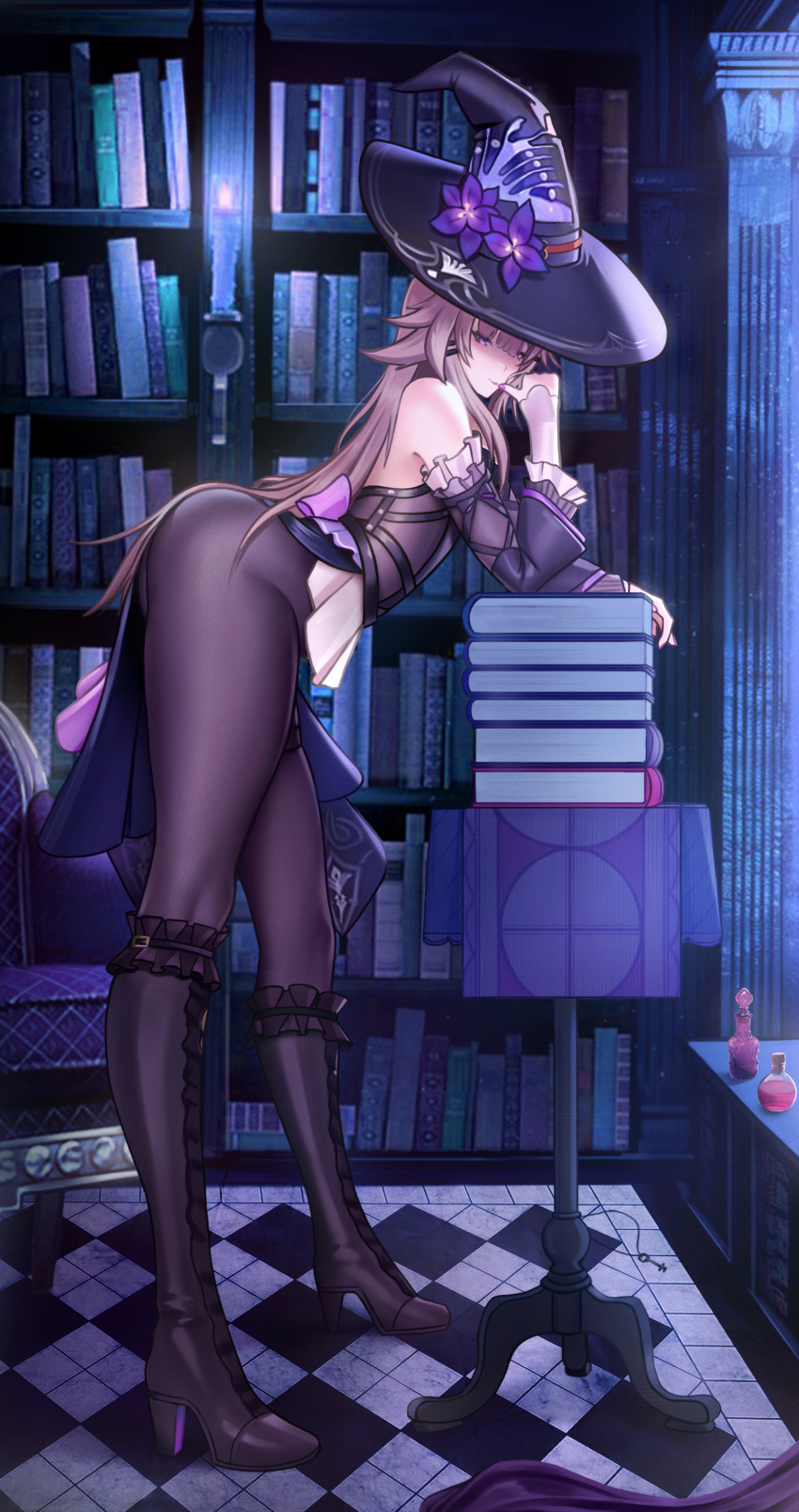 1girl absurdres ass black_dress black_hat black_pantyhose book book_stack bookshelf boots bottle breasts brown_hair checkered_floor closed_mouth dress eyebrows_hidden_by_hair floor_lamp flower frilled_boots frilled_straps frilled_thigh_strap frills from_side full_body hair_between_eyes hair_ornament hairclip hat hat_flower herta_(honkai:_star_rail) high_heels highres honkai:_star_rail honkai_(series) lamp lampshade leaning_forward leaning_on_person library lips long_hair long_legs looking_at_viewer nail_polish pantyhose perfume_bottle puppnet purple_eyes small_breasts smile solo the_herta_(honkai:_star_rail) thick_thighs thigh_strap thighs very_long_hair witch_hat