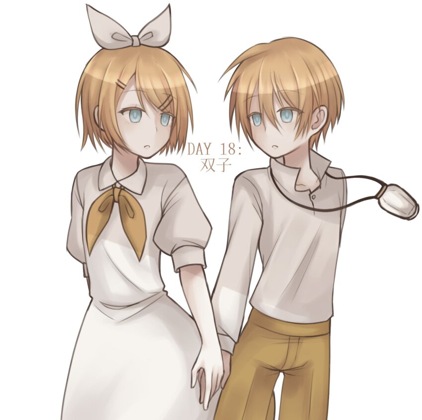 aqua_eyes blonde_hair bottle bow brother_and_sister collarbone collared_dress collared_shirt dress elluka_ma evillious_nendaiki eye_contact gretel_(evillious_nendaiki) hair_between_eyes hair_bow hair_ornament hairclip hansel_(evillious_nendaiki) highres holding_hands kagamine_len kagamine_rin looking_at_another neckerchief okizari_tsukiyo_shou_(vocaloid) pants puffy_short_sleeves puffy_sleeves shirt short_sleeves siblings swept_bangs twins vocaloid white_bow yellow_neckerchief yellow_pants
