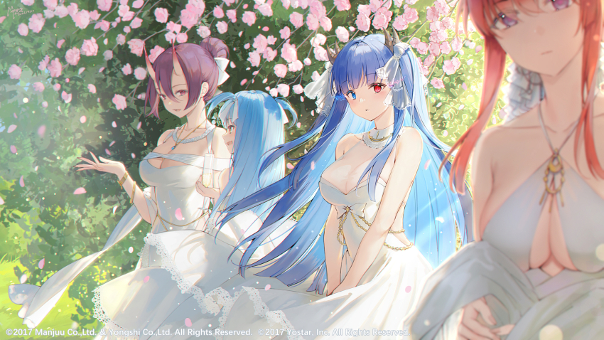 4girls alternate_costume alternate_hairstyle azur_lane bare_shoulders blue_eyes blue_hair breasts center_opening cleavage dress heterochromia highres ibuki_(azur_lane) izumo_(azur_lane) large_breasts long_hair looking_at_viewer maya_g monarch_(azur_lane) multiple_girls neptune_(azur_lane) purple_eyes purple_hair red_eyes red_hair sleeveless sleeveless_dress white_dress