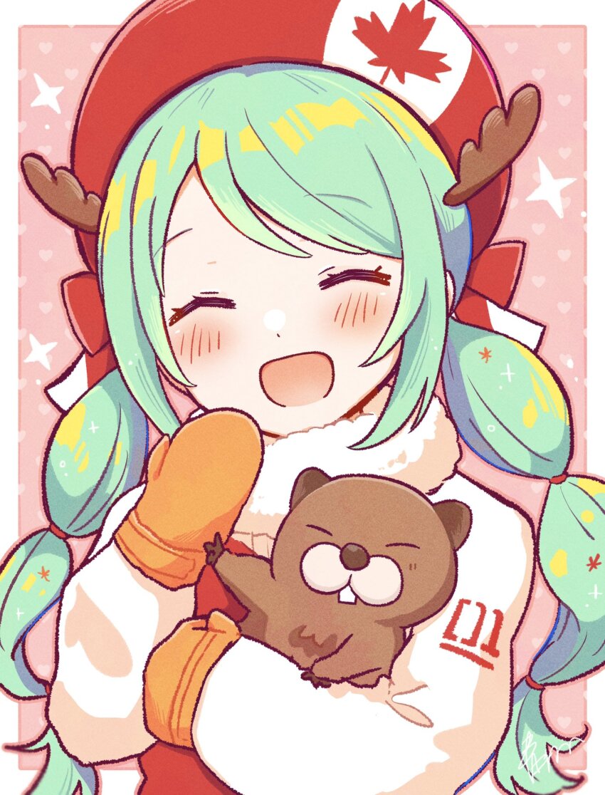 1girl :d animal animal_hug aoiyui beaver beret blush border canadian_flag canadian_flag_print closed_eyes commentary dot_nose facing_viewer fake_antlers flag_print fur-trimmed_jacket fur_trim green_hair hair_tie hand_up hat hatsune_miku head_tilt heart highres jacket mittens number_print open_mouth orange_mittens outside_border pink_background red_hat simple_background smile solo sparkle swept_bangs symbol-only_commentary twintails upper_body vocaloid white_border white_jacket