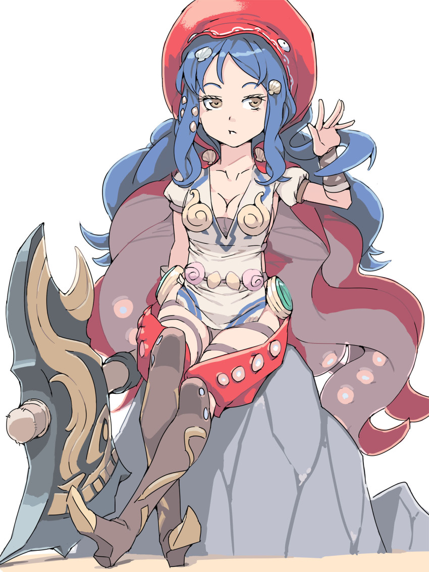 1girl akinbo_(hyouka_fuyou) another_eden axe blue_hair breasts cleavage closed_mouth highres holding holding_axe long_hair looking_at_viewer nagi_(another_eden) rock simple_background sitting solo tentacles weapon white_background