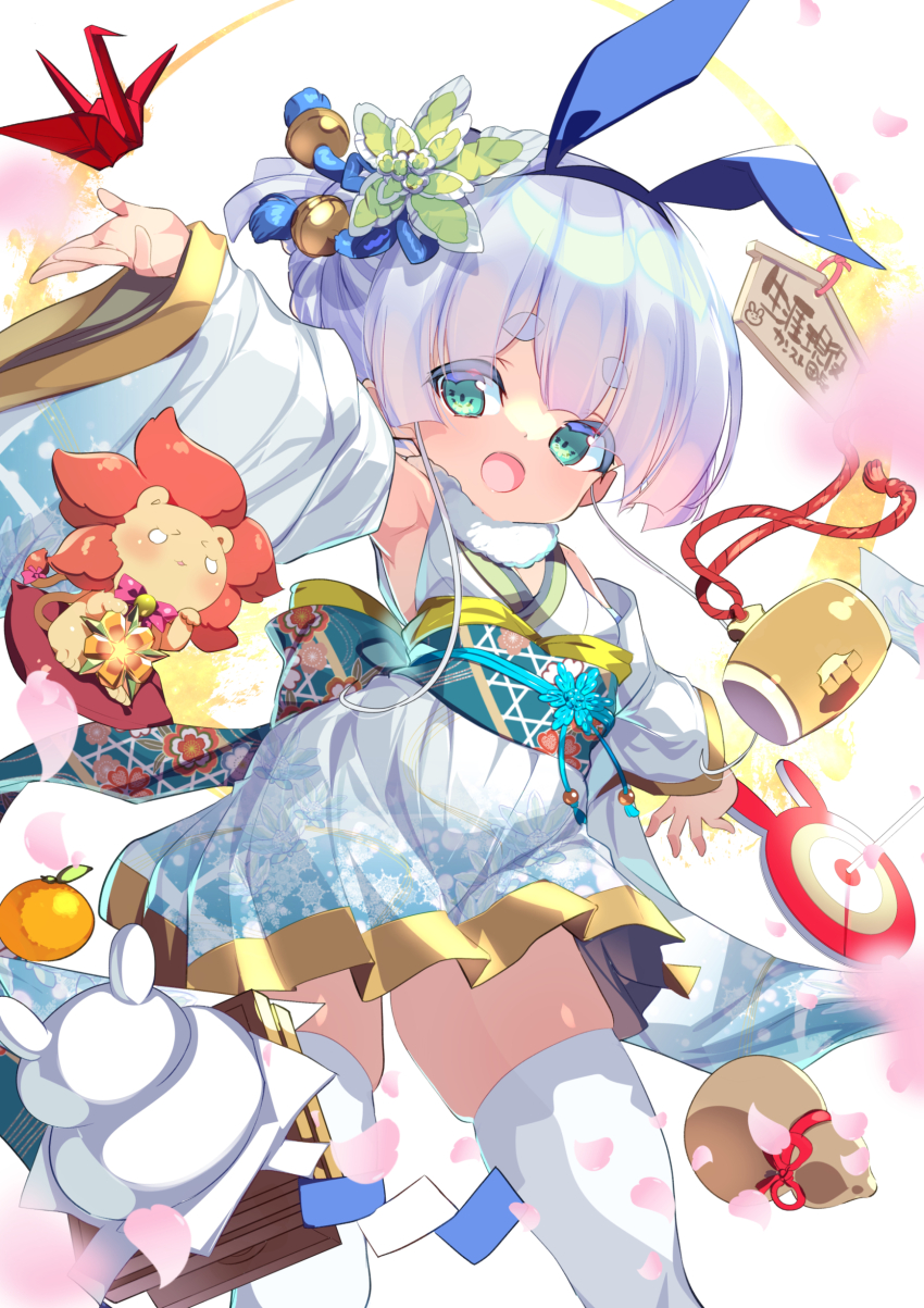 1girl absurdres animal_ears aqua_eyes cherry_blossoms detached_sleeves fake_animal_ears flower_knight_girl fujishima-sei_ichi-gou hair_ornament hatsuyukisou_(flower_knight_girl) highres hime_cut japanese_clothes leotard new_year obi open_mouth origami paper_crane petals playboy_bunny sash short_hair smile thighhighs white_hair white_thighhighs wide_sleeves winter_clothes