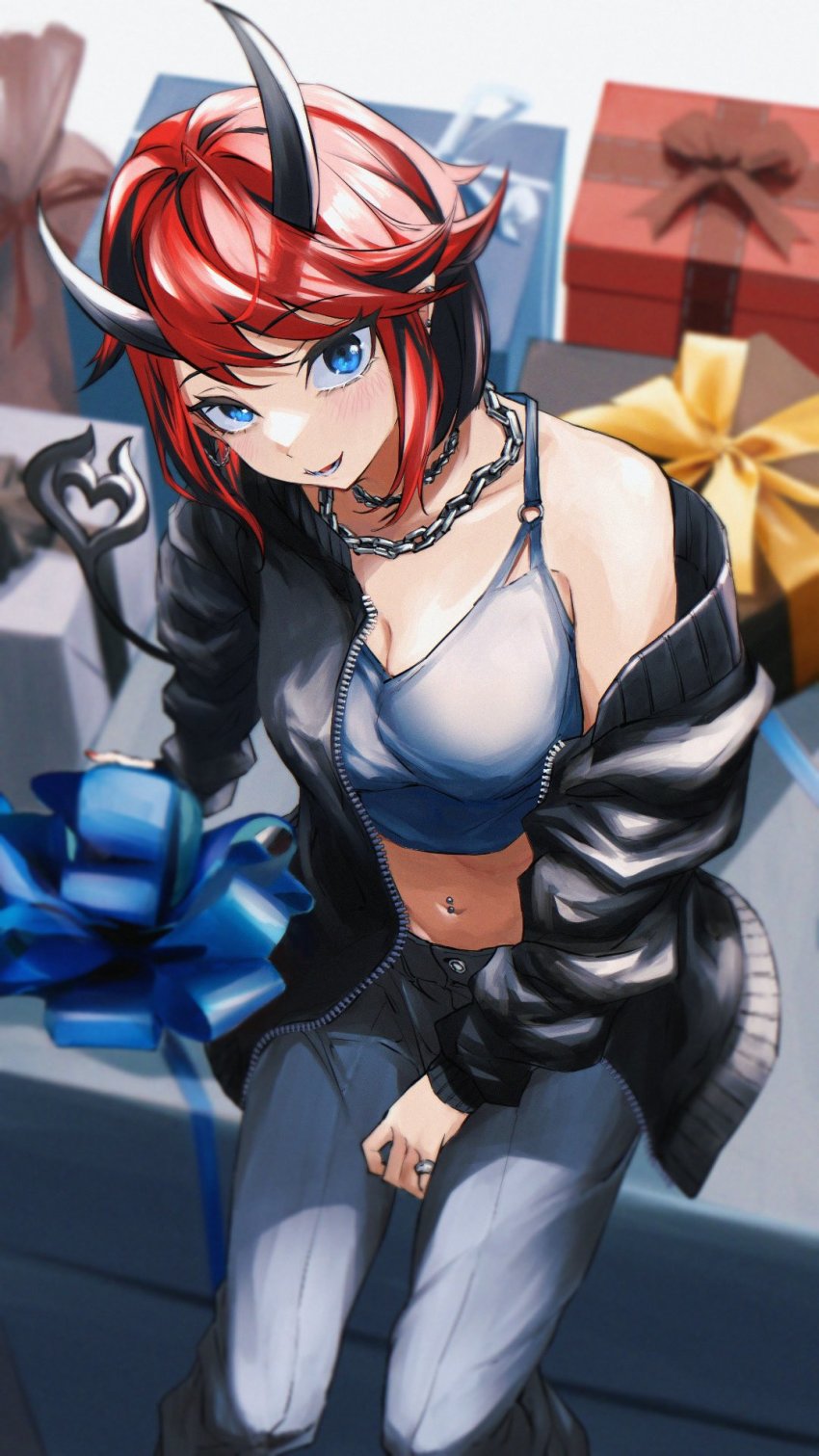 1girl alternate_costume black_hair black_jacket blue_eyes blurry blurry_background blush breasts camisole chain chain_necklace cleavage commentary_request crop_top demon_girl demon_horns demon_tail ear_piercing feet_out_of_frame gift gin_(tttetu123) grey_camisole grey_pants highres horns jacket jewelry large_breasts looking_at_viewer midriff multicolored_hair nanashi_inc. navel necklace off_shoulder open_clothes open_jacket open_mouth pants piercing pointy_ears red_hair ryugasaki_rene short_hair sitting solo sugar_lyric tail two-tone_hair virtual_youtuber zipper
