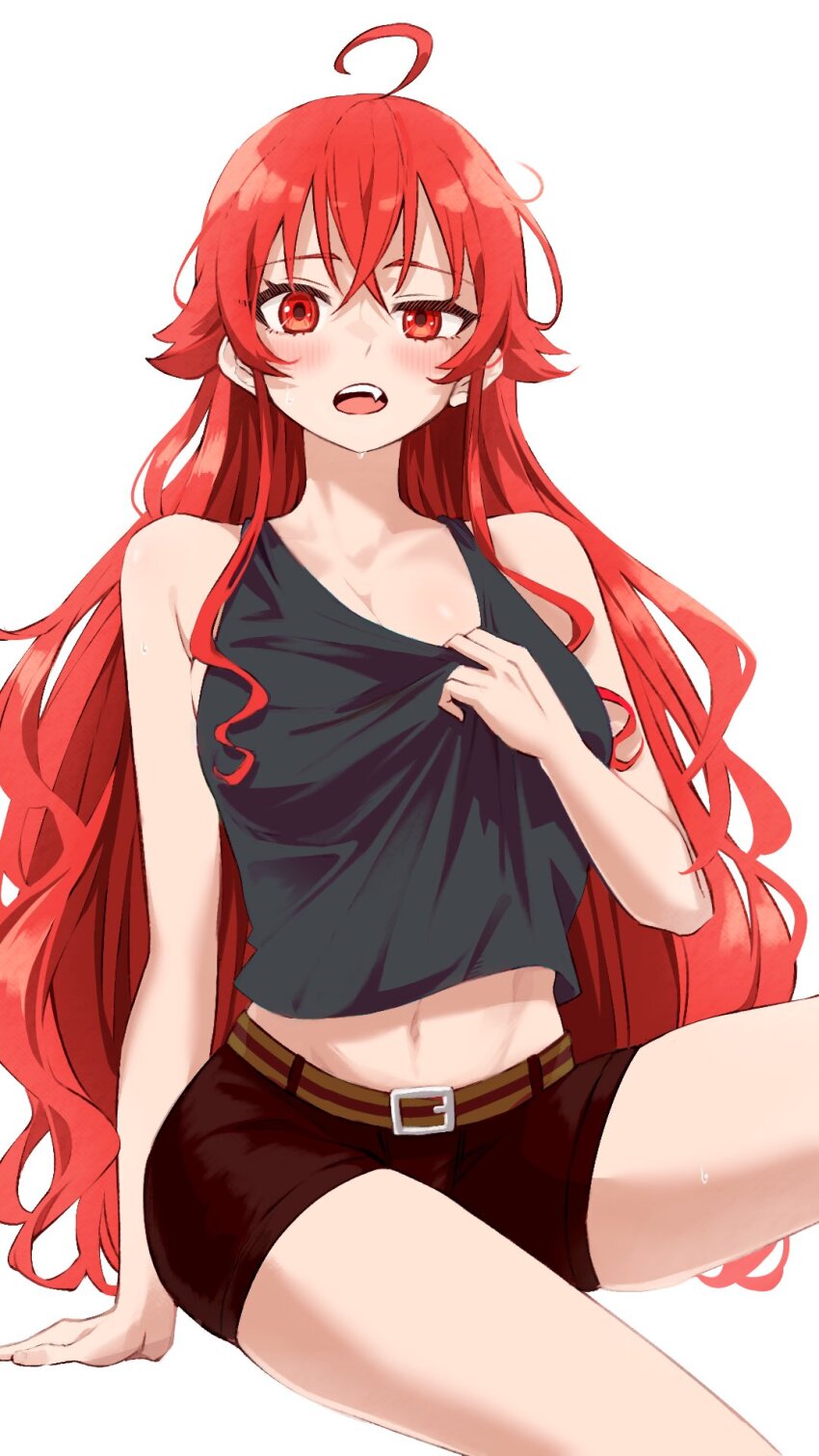 1girl ahoge alternate_costume bare_arms bare_shoulders belt black_tank_top blush breasts brown_shorts clothes_lift commentary_request cowboy_shot eris_greyrat fang hashtag-only_commentary highres hot long_hair looking_at_viewer midriff_peek mushoku_tensei navel open_mouth red_eyes red_hair seriro00112 shirt_lift short_shorts shorts simple_background solo sweat tank_top very_long_hair white_background