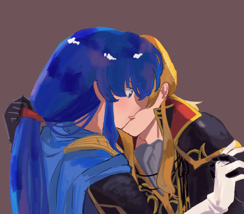 2boys adam&#039;s_apple ares_(fire_emblem) armor ascot black_cape black_gloves blonde_hair blue_cape blue_eyes blue_hair brown_background cape cho_yoy fire_emblem fire_emblem:_genealogy_of_the_holy_war gloves gold_trim grey_ascot hair_between_eyes hair_half_undone hair_tie high_collar highres imminent_kiss interlocked_fingers long_hair multiple_boys nintendo parted_lips pauldrons popped_collar seliph_(fire_emblem) shaded_face shoulder_armor sidelocks simple_background untying_hair white_gloves yaoi