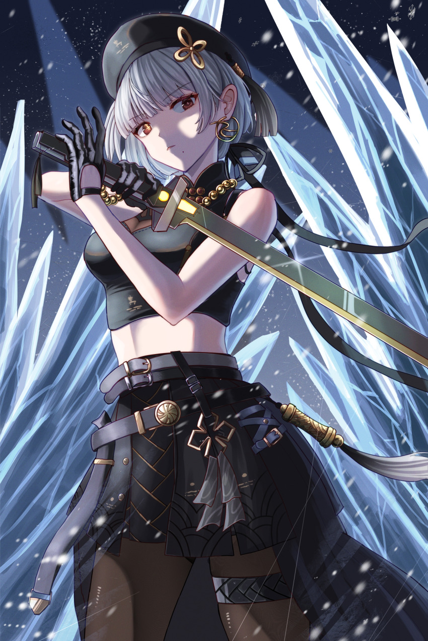 1girl absurdres bare_shoulders beret black_gloves black_hat black_pantyhose black_shirt black_skirt breasts closed_mouth commentary crop_top dinotodon earrings gloves grey_hair hat high-low_skirt highres holding holding_sword holding_weapon hoop_earrings jewelry looking_at_viewer medium_breasts mismatched_irises mole mole_under_mouth pantyhose red_eyes sanhua_(wuthering_waves) shirt skirt solo sword tacet_mark_(wuthering_waves) weapon wuthering_waves