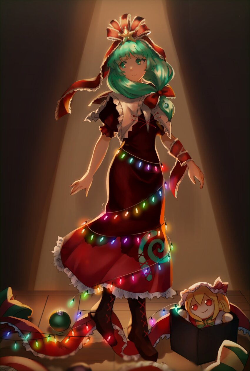 1girl absurdres boots bow box christmas collared_dress dress flandre_scarlet frilled_ribbon frills front_ponytail full_body fumo_(doll) green_eyes green_hair hair_bow hair_ribbon highres himuhino kagiyama_hina red_bow red_dress red_ribbon ribbon short_sleeves smile solo stuffed_toy touhou