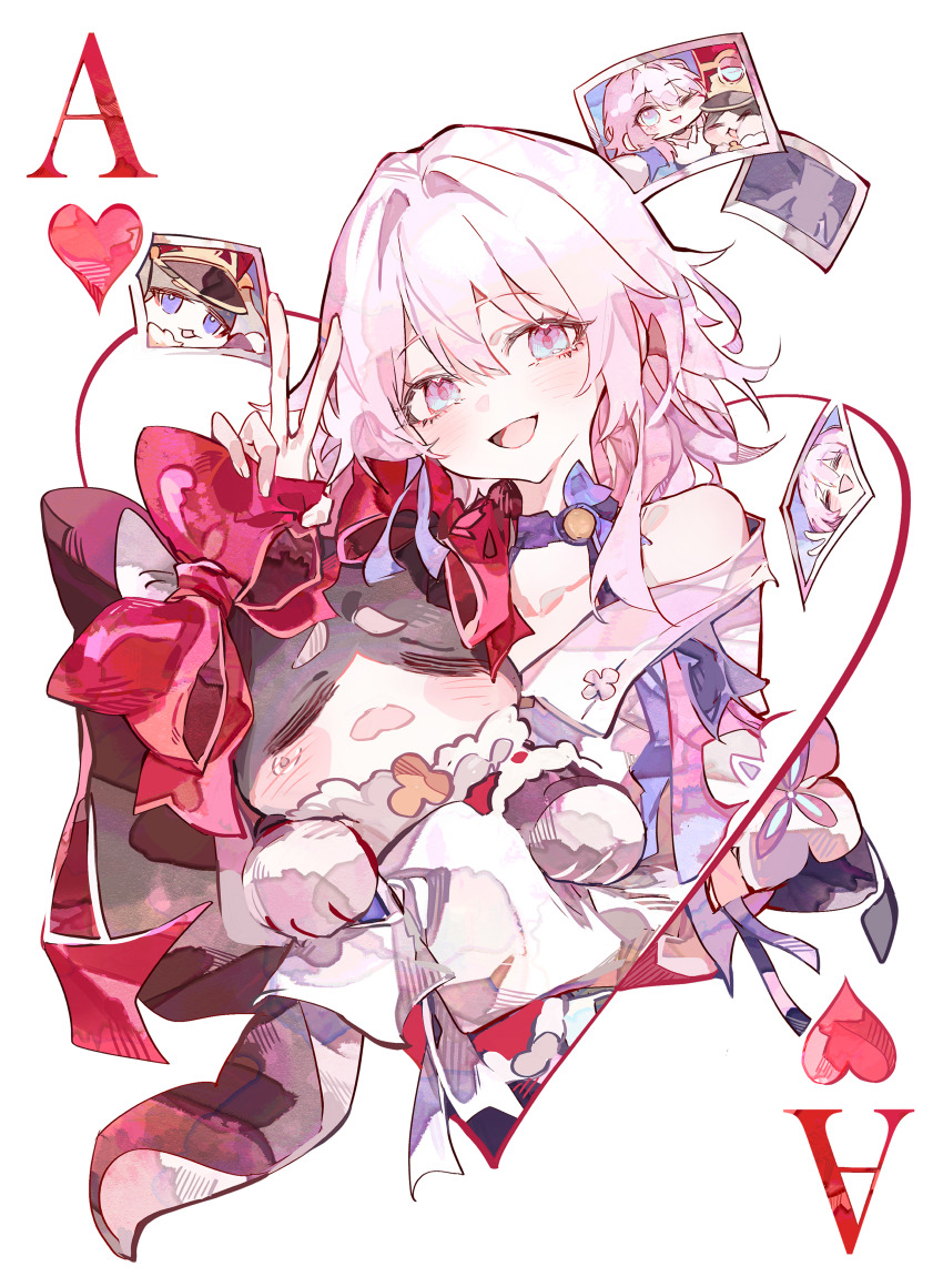 1girl :d absurdres arm_up bow cocoballking collarbone commentary_request hair_between_eyes heart heart_card highres honkai:_star_rail honkai_(series) long_hair looking_at_viewer march_7th_(honkai:_star_rail) march_7th_(preservation)_(honkai:_star_rail) multicolored_eyes open_mouth photo_(object) pink_hair pom-pom_(honkai:_star_rail) red_bow simple_background smile two-tone_eyes v white_background