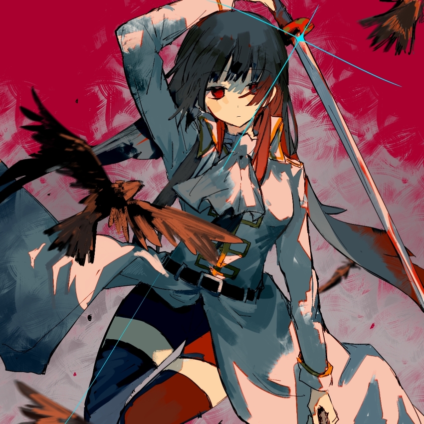 1girl ascot bird blood blue_hair blunt_bangs crow dark_blue_hair gintama he_(minty) highres holding holding_sword holding_weapon imai_nobume long_hair long_sleeves looking_at_viewer military military_uniform red_eyes red_theme shorts solo sword thighhighs weapon