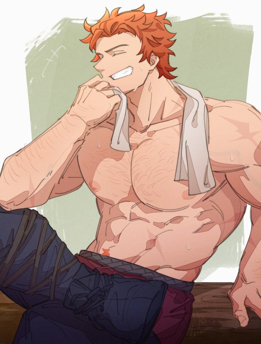 +++ 1boy abs absurdres arm_hair arm_support arm_up bare_shoulders blue_boots boots chest_hair closed_eyes collarbone commentary crossed_legs fire_emblem fire_emblem:_three_houses grin groin highres holding holding_towel hot lace-up_boots large_pectorals male_focus nintendo orange_hair pants pectorals red_pants satodee scar scar_on_shoulder sitting smile solo sweat sweatdrop sylvain_jose_gautier teeth towel towel_around_neck wavy_hair