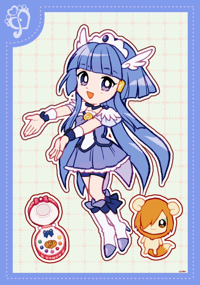 1girl aoki_reika blue_border blue_bow blue_bowtie blue_choker blue_eyes blue_hair blue_shirt blue_shorts blue_skirt blue_wrist_cuffs blunt_bangs boots border bow bowtie brooch caoth choker compact_(cosmetics) cosmetics cure_beauty deformed dot_nose dotted_line eyelashes feather-trimmed_sleeves footwear_bow frilled_skirt frilled_sleeves frills full_body grey_background grid_background hair_ornament hair_tubes happy high_heel_boots high_heels highres jewelry knee_boots long_hair long_sidelocks magical_girl miniskirt open_mouth outstretched_arms pleated_skirt pop_(smile_precure!) precure shirt short_sleeves shorts shorts_under_skirt sidelocks signature skirt smile smile_precure! standing tareme tiara uwded_207 very_long_hair white_arm_warmers white_boots white_sleeves wing_hair_ornament wrist_cuffs