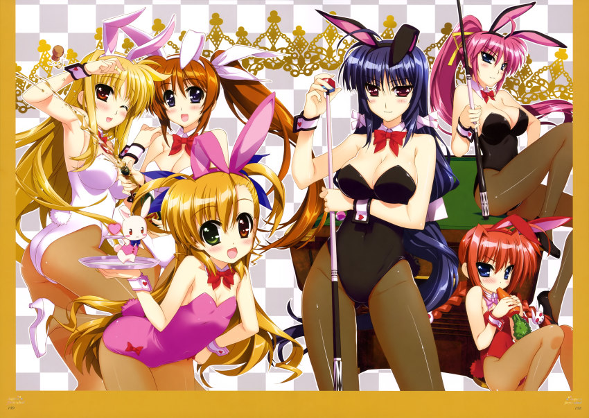 10s 6+girls absurdres ahoge alcohol animal_ears ass black_legwear black_leotard blonde_hair blue_eyes blue_leotard bottle bow bowtie braid breasts brown_hair carrot champagne checkered_background cleavage cork cue_stick detached_collar drunk eating fake_animal_ears fate_testarossa flat_chest fujima_takuya green_eyes hairband heart heterochromia highres large_breasts leotard long_hair lyrical_nanoha mahou_shoujo_lyrical_nanoha mahou_shoujo_lyrical_nanoha_vivid mikaya_chevelle multiple_girls official_art one_eye_closed orange_hair pantyhose pink_hair plate playboy_bunny ponytail pool_table purple_eyes purple_hair rabbit_ears red_eyes red_hair red_leotard sacred_heart see-through_clothes see-through_legwear side_ponytail signum table tail takamachi_nanoha twin_braids very_long_hair vita_(nanoha) vivio white_leotard wrist_cuffs