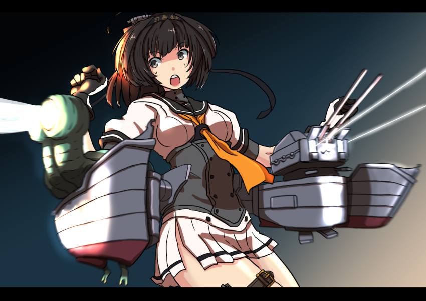 10s 1girl akizuki_(kancolle) beam beta_(muv-luv) black_hair brown_eyes chou-10cm-hou-chan crossover eye_beam gyorui_(amezari) hachimaki headband kantai_collection long_hair machinery muv-luv open_mouth pleated_skirt ponytail school_uniform serafuku ship_turret skirt sweat