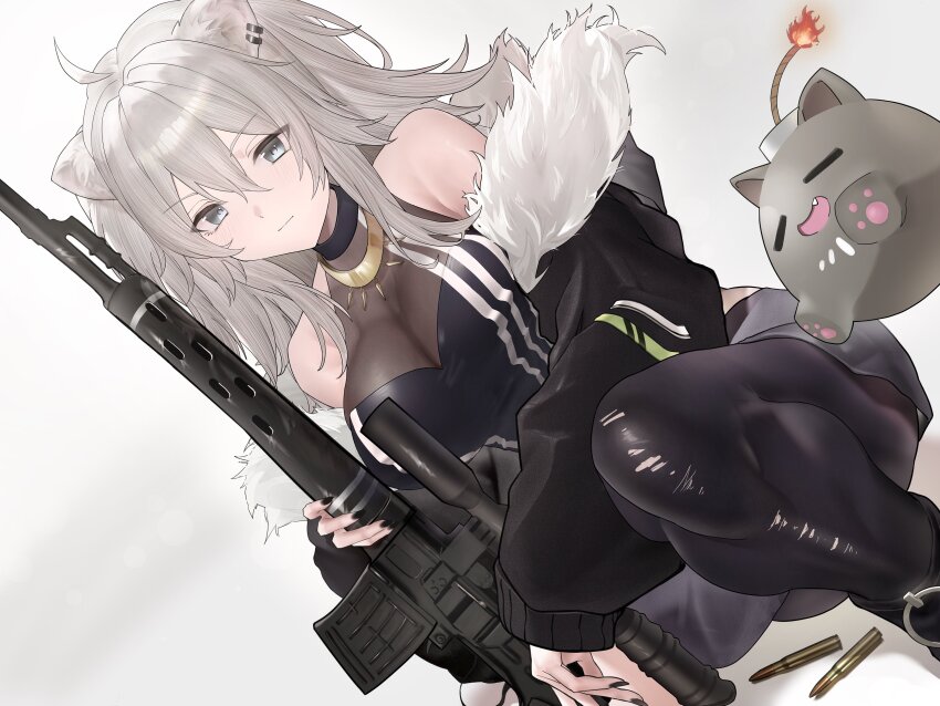1girl absurdres ahoge animal_ear_piercing animal_ears bare_shoulders black_nails breasts bullet cleavage dragunov_svd dutch_angle fingernails fur-trimmed_jacket fur_trim gold_necklace grey_hair gun hair_between_eyes halter_shirt halterneck highres holding holding_gun holding_weapon hololive jacket jacket_partially_removed jewelry large_breasts lion_ears lion_girl long_hair long_sleeves looking_at_viewer messy_hair necklace open_clothes open_jacket pantyhose pencil_skirt rifle scope see-through_cleavage see-through_clothes shirt shishiro_botan shishiro_botan_(1st_costume) simple_background single_leg_pantyhose skirt sleeveless sleeveless_shirt sniper_rifle solo squatting ssrb_(shishiro_botan) strapless striped_clothes striped_shirt takaranodakara torn_clothes torn_pantyhose tube_top vertical-striped_clothes vertical-striped_shirt virtual_youtuber weapon