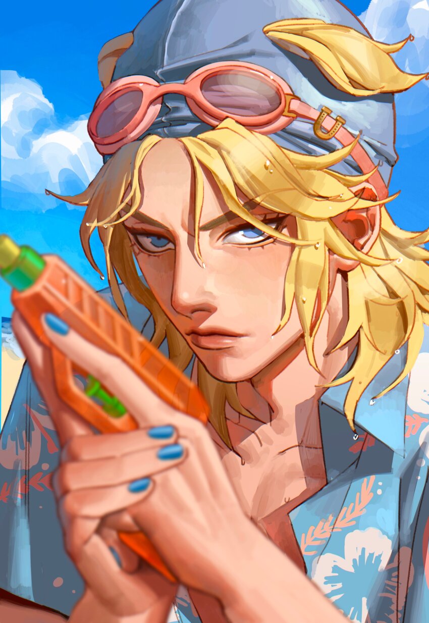 1boy absurdres arms_up blonde_hair blue_eyes blue_hat blue_nails closed_mouth cloud collarbone collared_shirt commentary english_commentary eyelashes goggles goggles_on_head haddockkkk hair_through_headwear hat hawaiian_shirt highres holding horseshoe_ornament johnny_joestar jojo_no_kimyou_na_bouken male_focus nail_polish open_clothes open_shirt own_hands_clasped own_hands_together print_shirt shirt sky solo steel_ball_run upper_body water_gun wet wet_clothes wet_hair