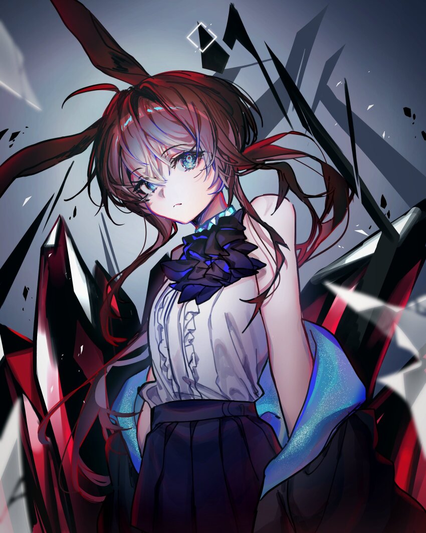 414_(hncx3355) absurdres amiya_(arknights) animal_ears arknights blue_eyes brown_hair chromatic_aberration crystal detached_sleeves highres jacket looking_at_viewer skirt spotlight upper_body