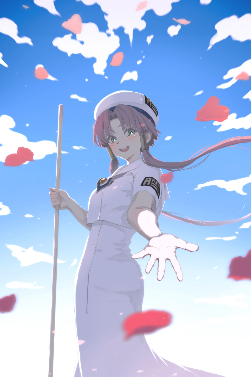 1girl absurdres aria_(manga) aria_company_uniform beret blue_bow blue_bowtie blue_sky blurry blurry_foreground blush bow bowtie day dress falling_petals feet_out_of_frame green_eyes hair_tubes hat highres holding holding_oar impossible_clothes impossible_dress long_dress looking_at_viewer mahotsuka_mijiko mizunashi_akari oar open_mouth outdoors outstretched_arm parted_bangs petals pink_hair sailor_collar short_hair_with_long_locks short_sleeves sky solo standing teeth upper_teeth_only white_dress white_hat