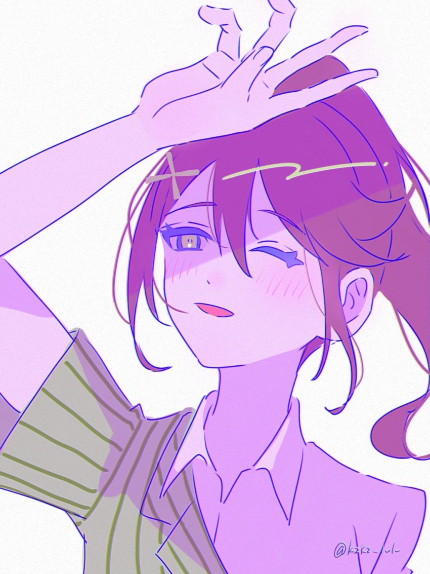 1girl collared_shirt commentary goto_akira green_eyes green_jacket highres ikizulive!_love_live!_bluebird jacket kzkz_lvlv love_live! pinstripe_jacket pinstripe_pattern purple_theme shirt short-sleeved_jacket short_sleeves simple_background single_off_shoulder solo what_is_my_life?_(love_live!) white_background white_shirt