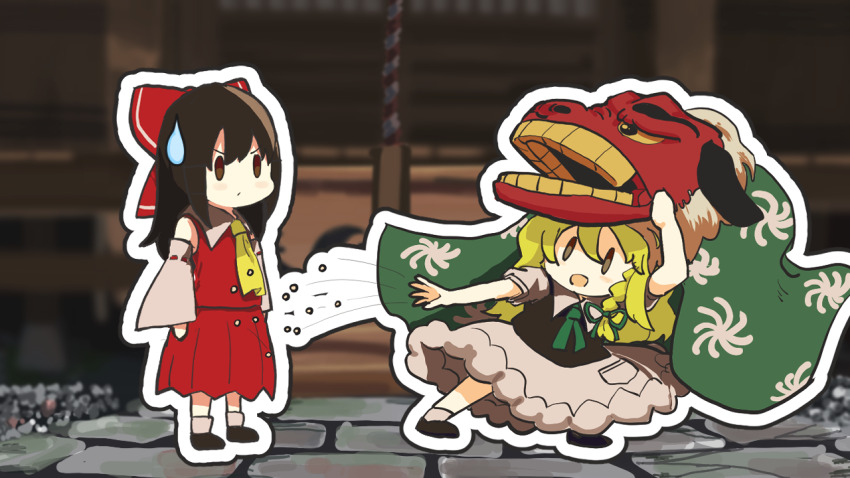 2girls ascot black_footwear black_hair black_vest blonde_hair bow braid brown_eyes cobblestone commentary_request cookie_(touhou) detached_sleeves dragon_hat full_body green_ascot green_ribbon grey_shirt grey_skirt grey_sleeves grey_socks hair_bow hair_ribbon hakurei_reimu kirisame_marisa leftame long_hair looking_at_another misopanman_(cookie) multiple_girls open_mouth outdoors outline red_bow red_shirt red_skirt ribbon ribbon-trimmed_sleeves ribbon_trim setsubun shirt shoes shrine side_braid single_braid skirt skirt_set sleeveless sleeveless_shirt socks solid_oval_eyes standing sweatdrop throwing touhou urushi_(cookie) vest white_outline yellow_ascot