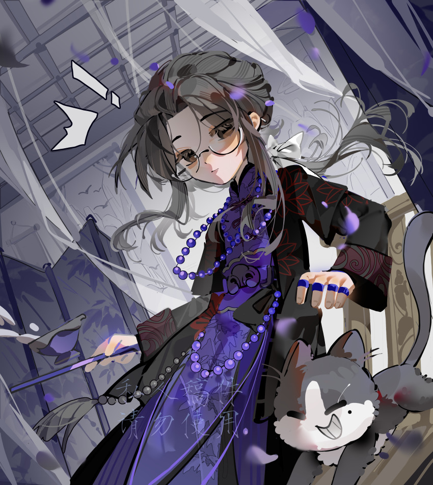 ! 1boy ^^^ absurdres animalization black_coat black_eyes black_hair bow cat changpao chinese_clothes chinese_commentary closed_mouth coat commentary_request curtained_hair folding_screen glasses hair_bow highres huai_yunqing long_hair long_sleeves male_focus nglui open_clothes open_coat parted_bangs semi-rimless_eyewear touqi_guaitan white_bow ziche_fuzhao