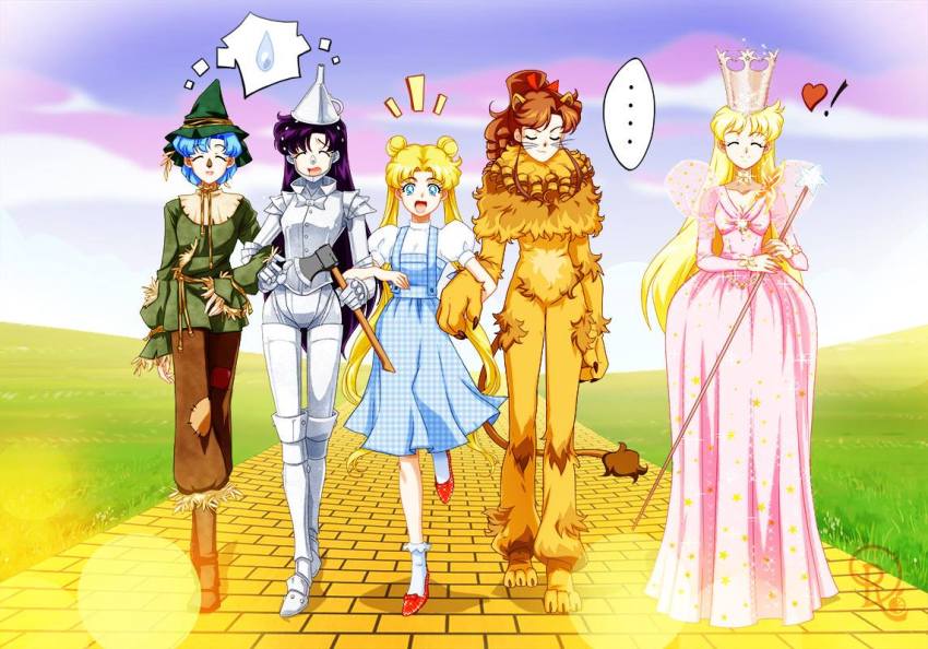 ! ... 5girls :d ^_^ aino_minako animal_costume animal_ears armor axe bishoujo_senshi_sailor_moon blonde_hair blue_eyes blue_hair breasts brick_road brown_hair cleavage closed_eyes cloud cosplay cowardly_lion cowardly_lion_(cosplay) crossover crown dorothy_gale dorothy_gale_(cosplay) double_bun drachea_rannak dress embarrassed full_body funnel_(tool) glinda glinda_(cosplay) gold_crown hair_bun happy hat heart hino_rei kino_makoto lens_flare lion_costume locked_arms long_hair medium_breasts mizuno_ami multiple_girls notice_lines open_mouth parody pink_dress ponytail puffy_short_sleeves puffy_sleeves purple_hair red_footwear running_bond scarecrow_(twooz) scarecrow_(twooz)_(cosplay) sett short_hair short_sleeves sky smile speech_bubble spoken_ellipsis spoken_sweatdrop staff sweatdrop tail the_wizard_of_oz thought_bubble tin_man_(cosplay) tin_man_(the_wizard_of_oz) tsukino_usagi twintails very_long_hair walking wand weapon whiskers white_legwear yellow_brick_road